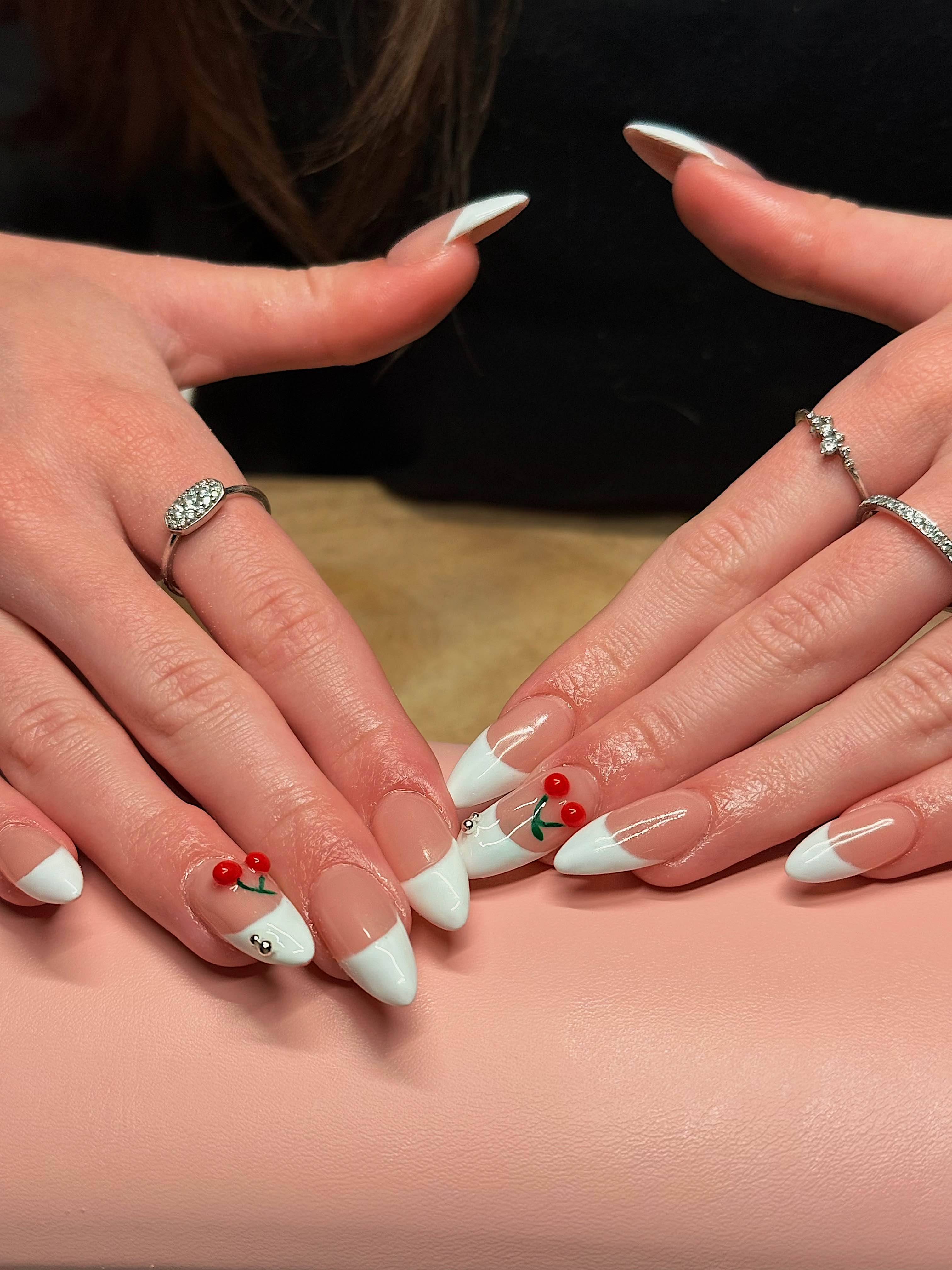 French tips with 3D cherries and silver details